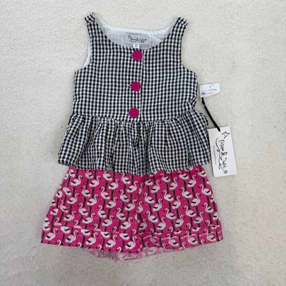 Pippa & Julie Girls Black and White Checkered Pink Flamingo Print Short Set 24M